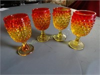 4 Vintage Amberina hobnail stemmed glasses 4"t