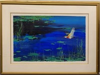 Cheng Acrylic On Paper, Kingfisher Above Lily Pond