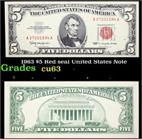 1963 $5 Red seal United States Note Grades Select