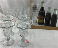 Vintage Full Cola Bottles and 2 Glass Sundae Sets