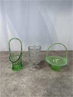 Jadeite glass basket, green glass basket, and