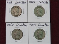 1935 P, 36 D, 37 P, 39 P WASH QUARTERS 90%