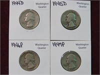 1944 D, 45 D, 46 P, 47 P WASH. QUARTERS 90%