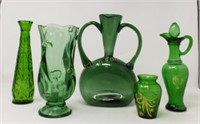 (5) Green Glass w/ Fenton Vases-Decanter