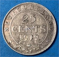 1919 25 Cents Silver Newfoundland