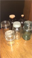 Brown bottles. Clear jars. Bue jar