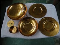 Hammered copper 2 bowls largest 9", 2 plates 9" &