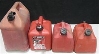 4 Red Tone Gasoline Reserve Tanks, Various Sizes