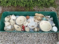 Tote of Old Dishes and China
