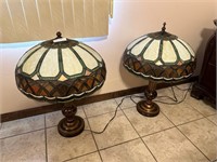 Pair contemporary stained glass lamps in green, ta