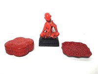 Cinnabar Box & Plate & Carved Figure