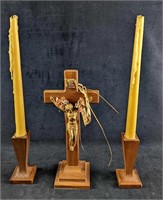 Vintage Wooden Candle Holders & Crucifix & Candle