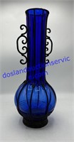 Large Cobalt Blue Glass Vase Blown Inside Metal