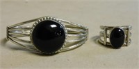 Onyx Cabochon Sterling Silver Cuff and Ring.