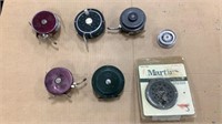 6 vintage fly reels, South Bend, Shakespeare,