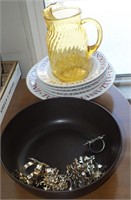 PITCHER, NAPKIN RINGS, PLATES