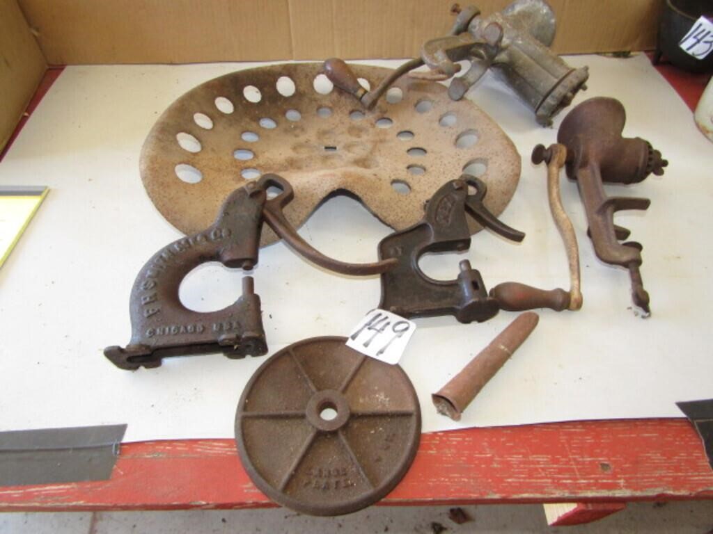 STEEL IMP SEAT, 2 MEAT GRINDERS, 2 RIVET MACHINES,