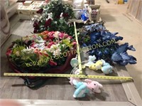 Lot fake flower arrangements, wreaths, crib toy