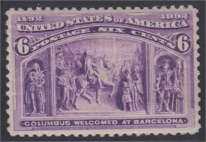 US Stamps #235 Mint HR 6 cent Columbian, CV $55