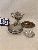 Silver plated coffee pot , serving dish and misc.