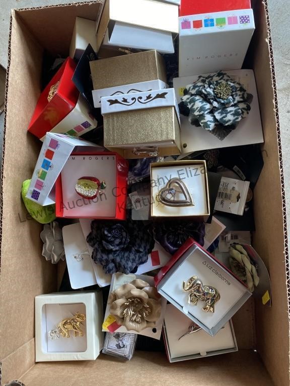 Box of ladies items, flower pins, wallet, jewelry