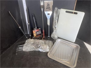 Cutting board, barbecue tools, misc