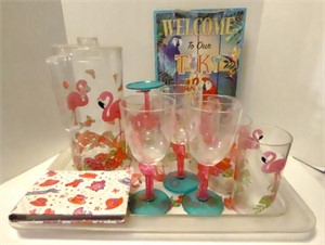 Flamingo Themed Plastic Serving Tray, Pitcher, &