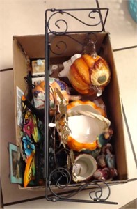Box of Decorative Items, Metal Rack 2' x 8"