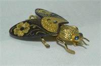 Vintage Damascene Gold Tone Bee Pin
