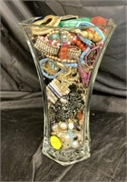 GLASS VASE FILLED WITH JEWELRY SALVAGE TREASURES