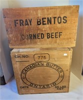 2 WOODEN BOXES ONTARIO BUTTER BENTOS CORNED BEEF