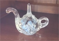 Joe Rice 4" Clear Glass Orb Tea Pot with blue