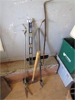 5 PIECES- HAY KKNIFE, BAR CLAMP, SLEDGE HAMMER,