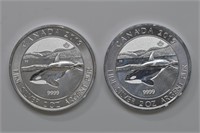2 - Silver .999 2ozt Canadian Orca Rounds (4ozt