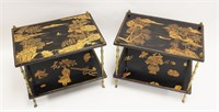 Pair Chinoiserie 2-tier Side Tables Brass Supports