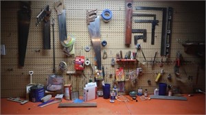 Contents of Peg Board-Hand Saws, Squares, Level &