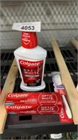 Colgate, mouthwash, toothpaste, and toothbrush