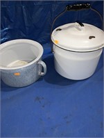 Blue gray enamel bed pot and a white enamel bed