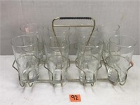 MCM Libbey Windsor Etched Squares Glass & Carrier