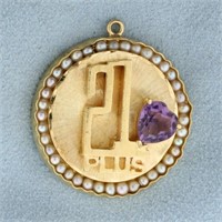 21 Plus Amethyst and Pearl Heart Pendant in 14K Ye