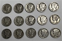 (15) Assorted Mercury Dimes from 30's & 40's