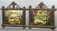 2 religious prints in tramp art frames ca.