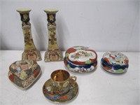 ASIAN TRINKET BOXES, CUP/SAUCER/CANDLE STICKS