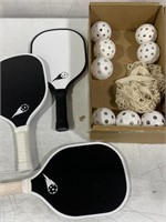 PICKLE BALL RACKETS (3) AND BALLS (8)