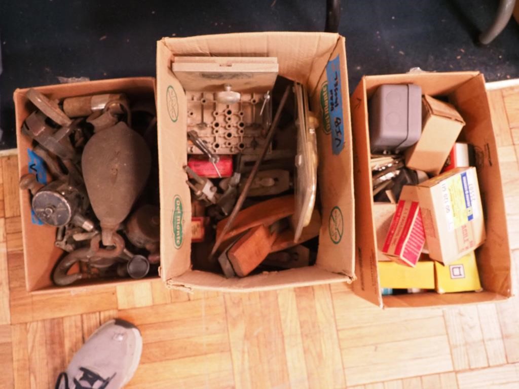 Three containers of tools including block and