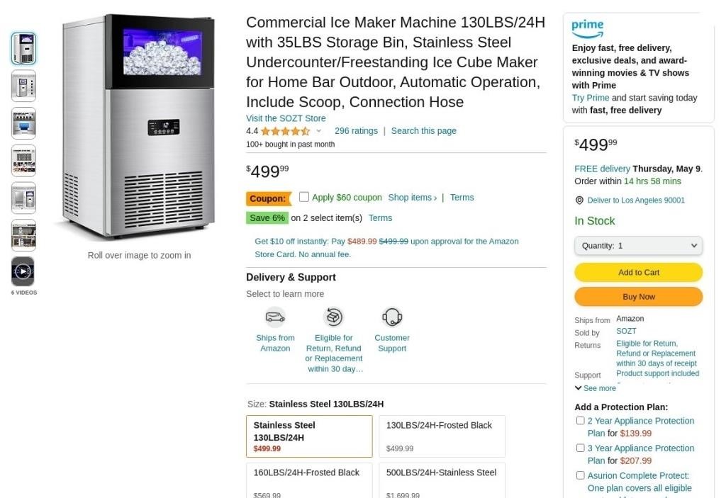 A763  Commercial Ice Maker 130LBS/24H with 35LBS B