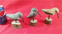 3 Hand Carved Wooden birds