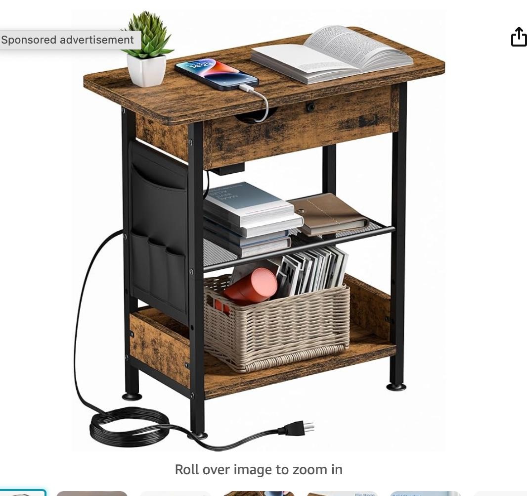 MESHDO 3-Tier End Table with Charging Station