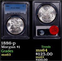 PCGS 1886-p Morgan Dollar $1 Graded ms63 By PCGS