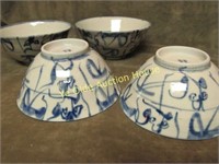 Lot of 4 Japanese Rice Bowls Blue Lines on Tan